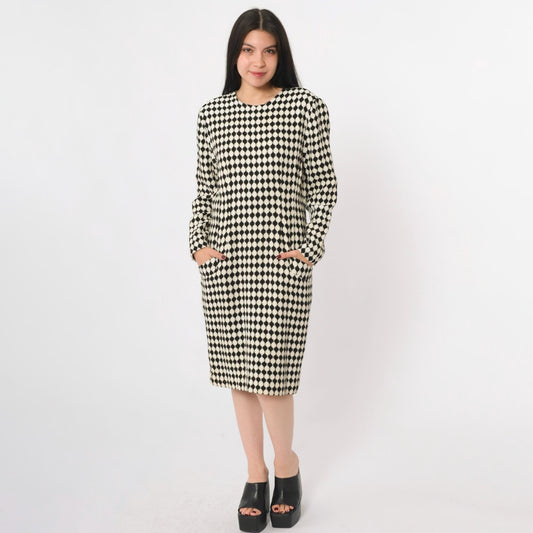 80s Jackie Bernard Black White Checkered Knee-Length Dress Medium