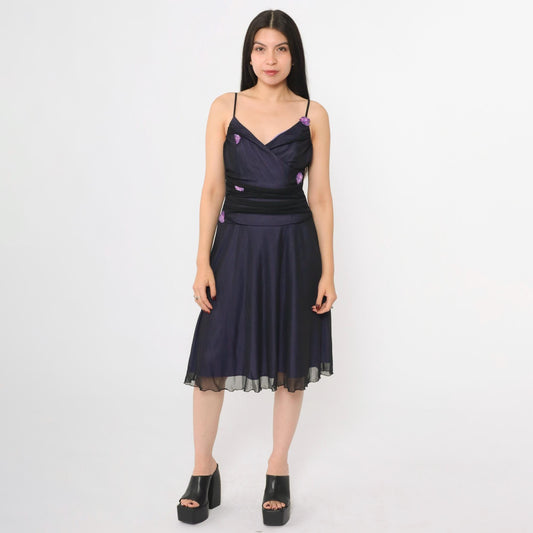 Y2K Purple Mesh Midi Dress Black Floral Applique Spaghetti Strap V Neck Medium