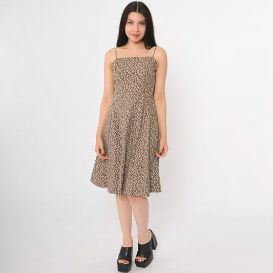 90s Brown Calico Floral A-Line Spaghetti Strap Dress Knee Length Medium