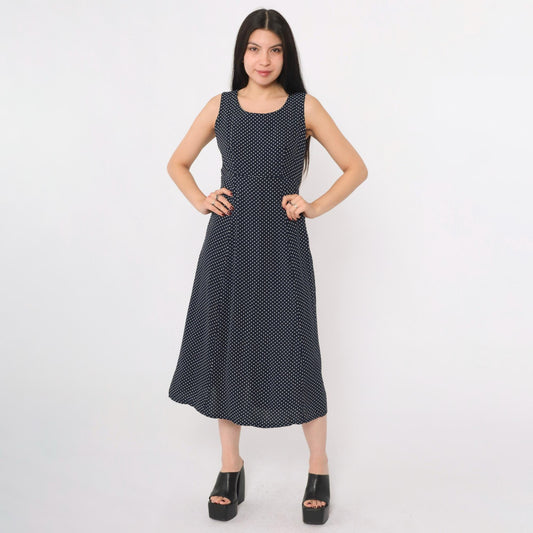 90s Navy Polka Dot Midi Dress Sleeveless High Waist Button Back Small