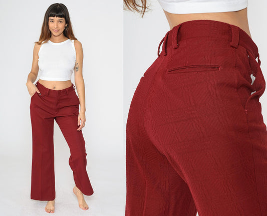 70s Burgundy Flared Trousers High Waist Textured Polyester Medium