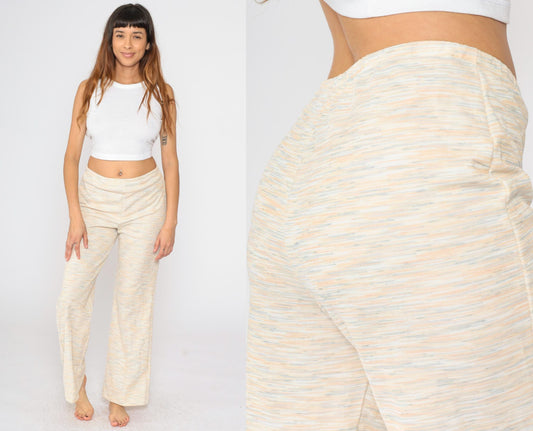 70s Flared Trousers High Waist Pull On Heathered Peach Orange Teal Small