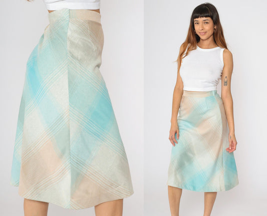 70s Plaid Midi Skirt High Waisted Turquoise Tan Peach Tartan Small XS