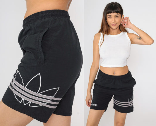 90s Adidas Black Nylon Shorts Trefoil Logo Athletic Small S