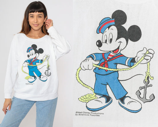 80s Mickey Mouse Sailor Graphic Sweatshirt White Raglan Crewneck Large