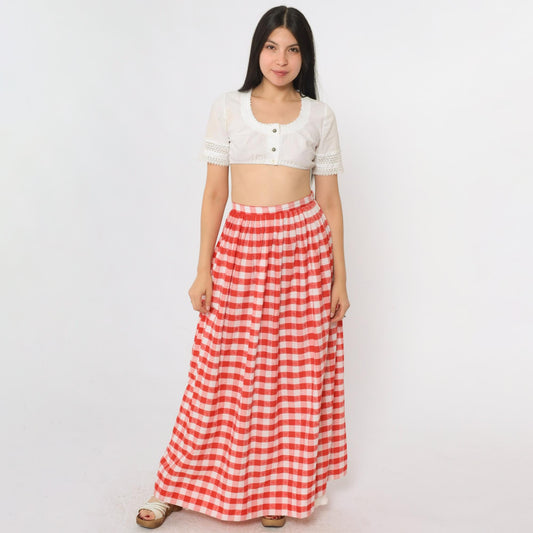 70s Red Gingham Maxi Skirt High Waist Lace Trim White Checkered Medium