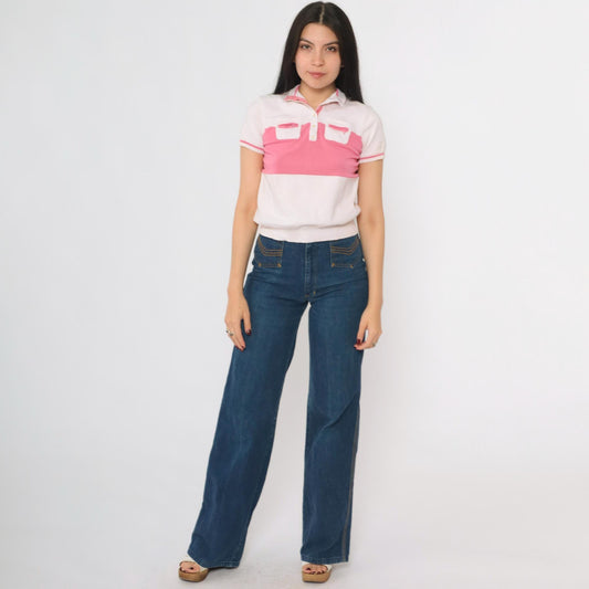 80s Jamie Sadock Striped Polo Shirt White Pink Snap Button Short Sleeve Extra Small