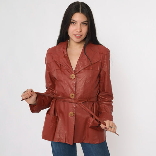 70s Learsi Leather Jacket Brick Red Belted Button-Up Small
