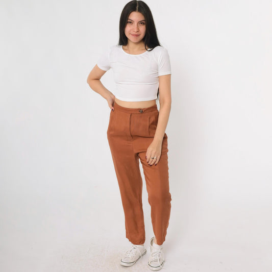 80s Burnt Orange Pleated High-Waist Trousers Straight Leg Small
