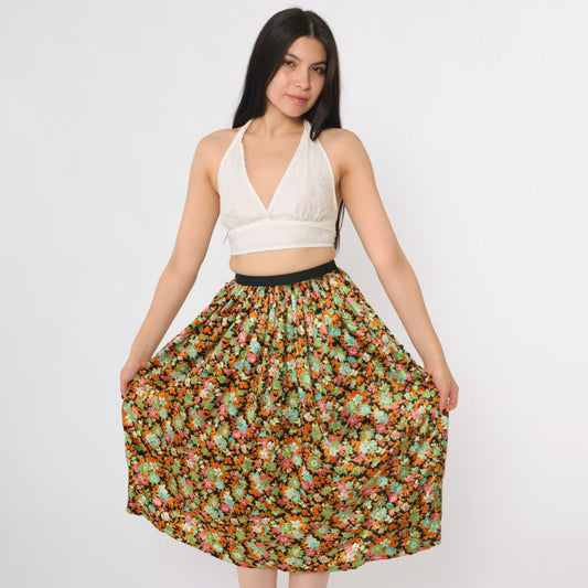70s Floral Velvet Midi Skirt High Waisted Orange Green XXS