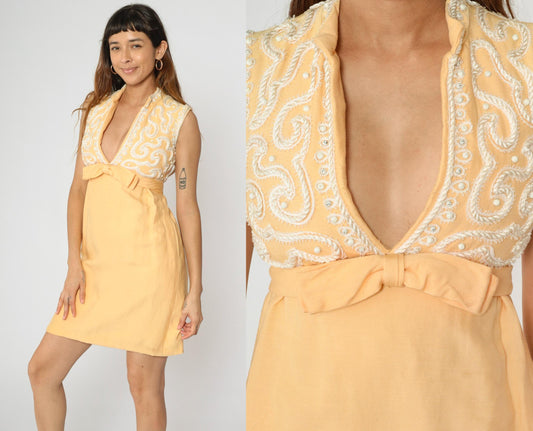 60s Maison Mendessolle Peach Mini Dress Beaded Bow Empire Waist XS