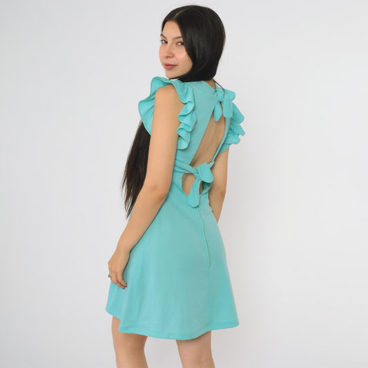 70s Blue Babydoll Dress Keyhole Back Empire Waist Flutter Sleeve Mini Small S