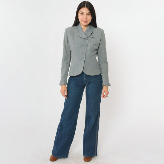 1940s Grey Wool Blazer Cropped Sculpted Waist Shawl Collar Extra Small