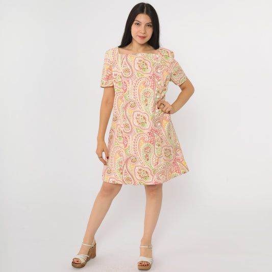 90s Paisley Mini Dress Psychedelic Print Asymmetrical Button Shift Medium Large