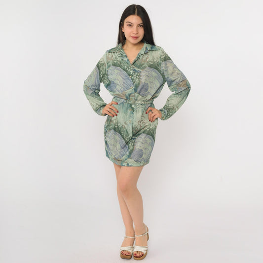 70s Abstract Wave Print Mini Shift Dress Button Up Long Sleeve Green Blue Medium M