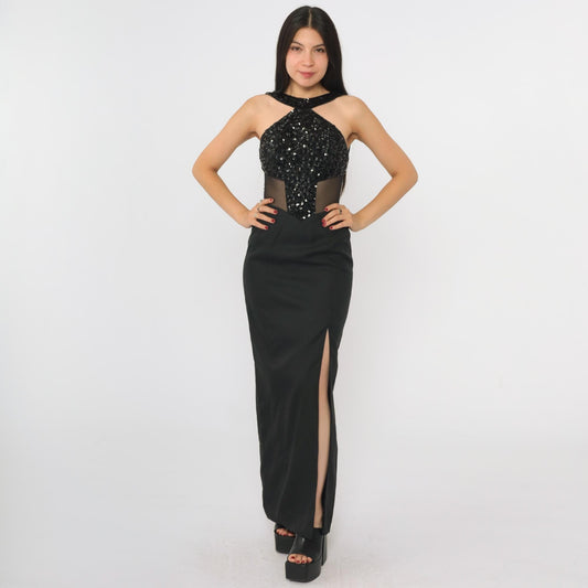 90s Black Sequin Halter Evening Gown Open Back High Slit Mesh Inset Extra Small
