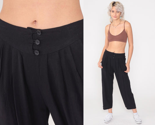 80s New Focus Black Pleated High-Waist Trousers Cropped Ankle XS