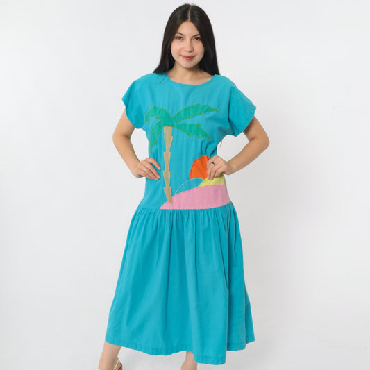 80s Turquoise Tropical Palm Tree Midi Dress Keyhole Back Drop Waist Small