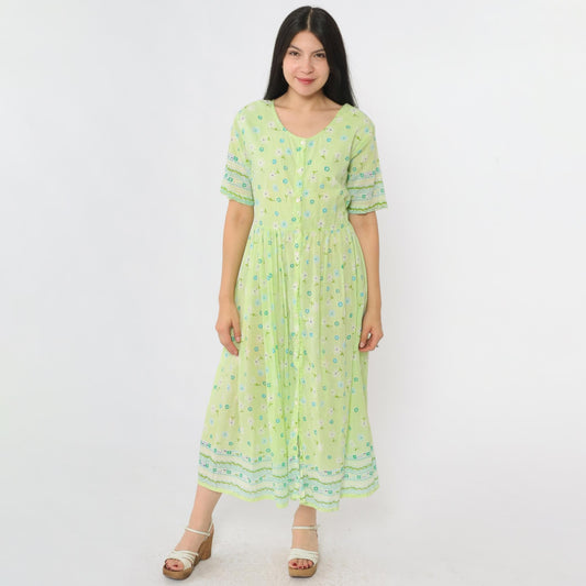 90s La Cera Lime Green Floral Midi Dress Cotton Button-Up High Waist Large