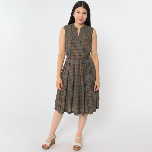 1960s Sue Brett Olive Gingham Sleeveless Midi Dress High Waist Pleated Extra Small