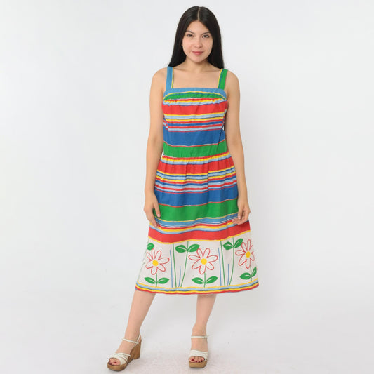 70s Striped Floral Midi Dress High Waist Smocked Back Sleeveless Small Medium