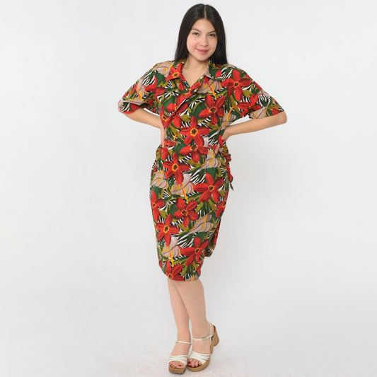 80s Tropical Floral Wrap Dress Knee Length V-Neck Red Green Small