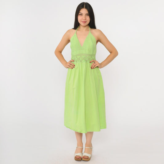 90s Lime Green Crochet Halter Midi Dress Deep V Sheer Waist Small Medium