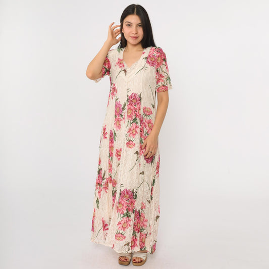90s Nostalgia Ivory Lace Maxi Dress Pink Floral V-Neck Short Sleeve Small S