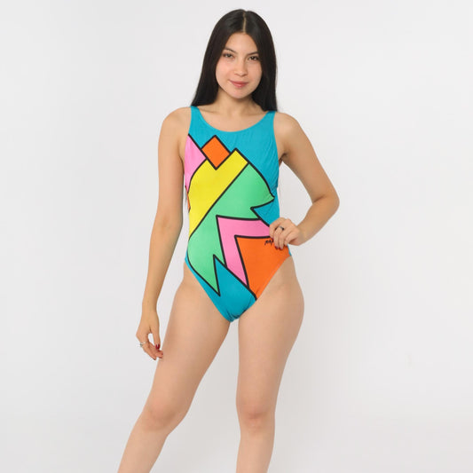 80s Neo Max Peter Max One Piece Swimsuit Neon Colorblock Abstract Size 8