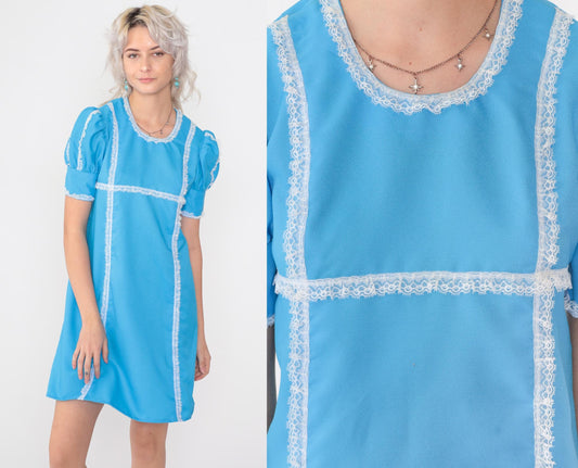 60s Babydoll Mini Dress Puff Sleeve Blue Lace Trim Empire Waist Small