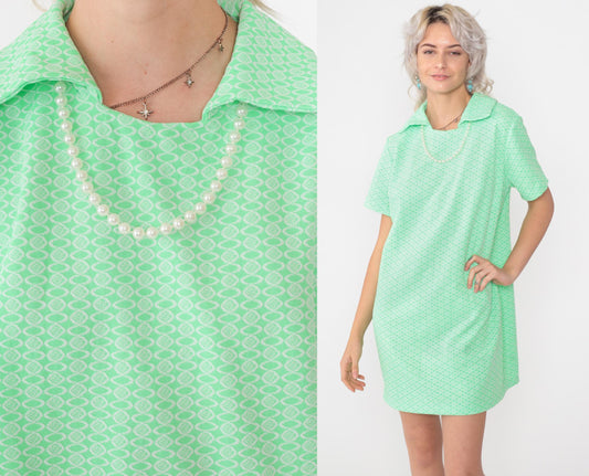 60s Mod Mini Dress Green Geometric Print Shift Short Sleeve Medium Large