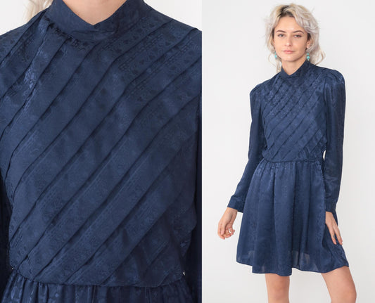 80s Navy Floral Jacquard Mini Dress Mock Neck Puff Sleeve High Waist Small