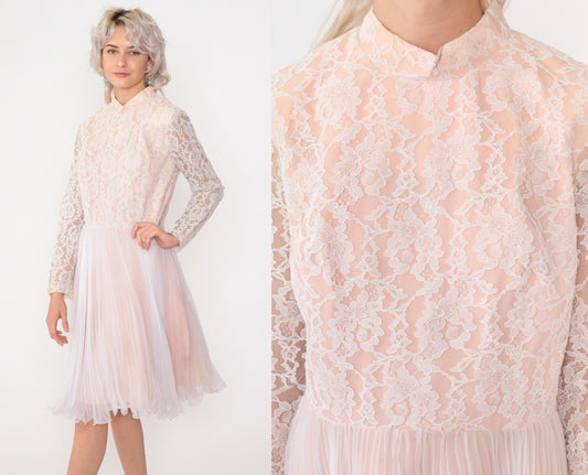 60s White Lace Chiffon Midi Dress Long Sleeve High Waist Mock Neck Medium M
