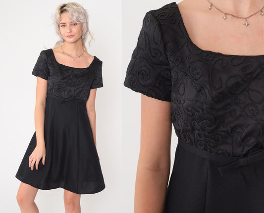 90s Black Micro Beaded Satin Mini Dress Empire Waist Scoop Neck Small 4