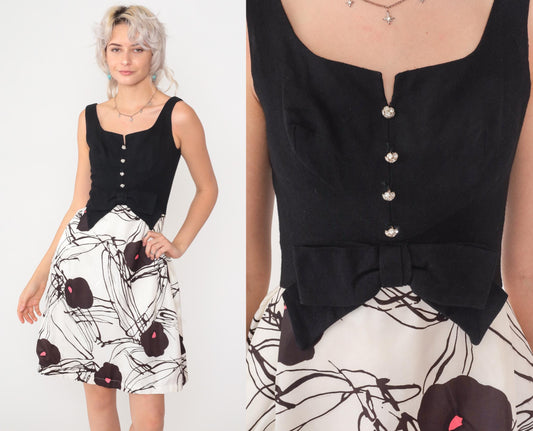 60s Black White Floral Mini Party Dress Bow Sleeveless A-Line Extra Small