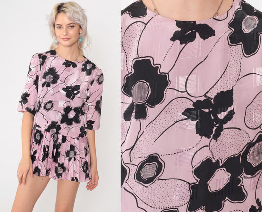 80s Pink Floral Micro Mini Dress Puff Sleeve Drop Waist Petite Small