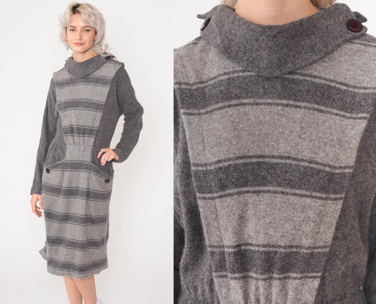 80s Grey Striped Wool Midi Dress Mock Neck Elastic Waist Pockets Small