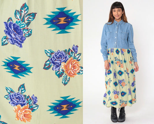 90s Floral Denim Maxi Dress Blue Chambray Southwest Button-Up Small