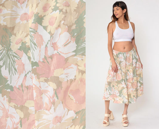 90s Alfred Dunner Floral Midi Skirt Pastel Print High Waist Pockets Large