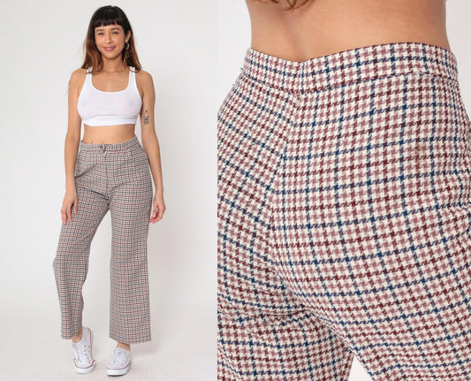 70s Houndstooth Flared Trousers Burgundy Navy High Waisted Bell Bottoms Medium
