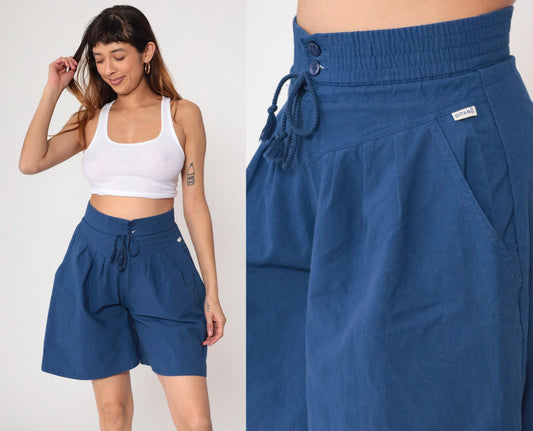 80s Gitano Navy Pleated Shorts High Waist Drawstring Small