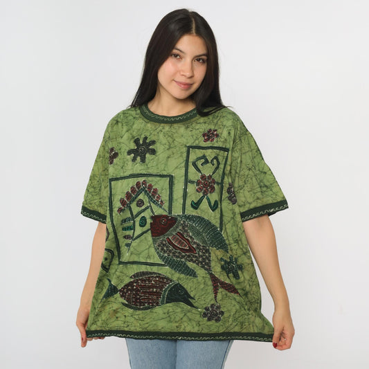 Y2K Batik Fish Graphic T-Shirt Green Floral Crewneck Medium Large
