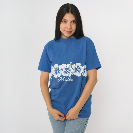 90s Maui Hawaii Hibiscus Graphic T-Shirt Blue Hanes Beefy-T Small