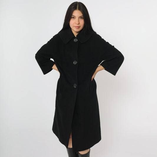 1950s Couture Americana Black Cashmere Swing Coat Midi Small Medium