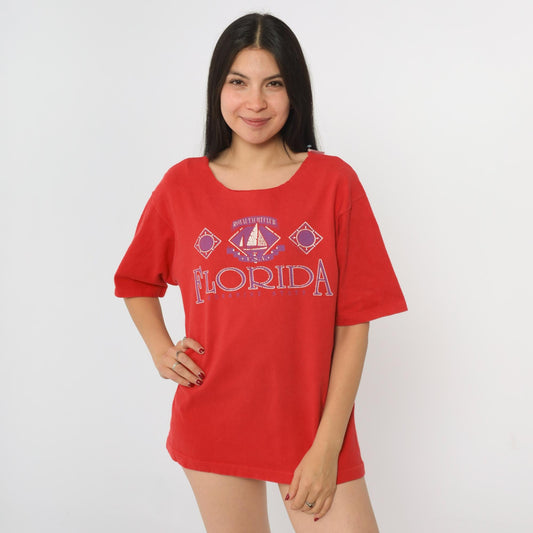 90s Florida Yacht Club Graphic Tee Red Cutoff Neckline Small S