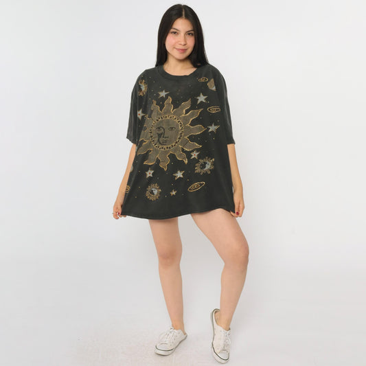 90s Celestial Sun Moon Graphic T-Shirt Metallic Gold Silver Beaded One Size