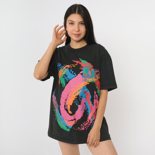 90s LA Workout T-Shirt Black Palm Tree Graphic Anvil Cotton Medium