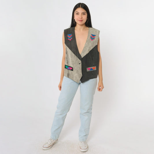 90s Southwestern Denim Vest Acid Wash Grey Black Deep V Neck Medium M