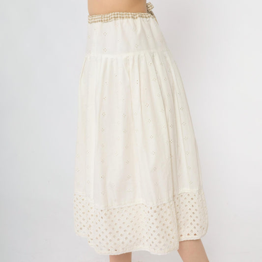 00s White Eyelet Peasant Midi Skirt Embroidered A-Line Tiered Small