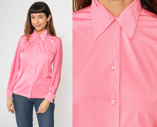 70s Shiny Pink Dagger Collar Button-Up Shirt Long Sleeve Cufflinks Medium M